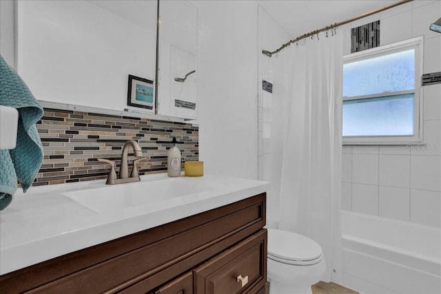 bathroom featuring decorative backsplash, vanity, shower / bathtub combination with curtain, and toilet