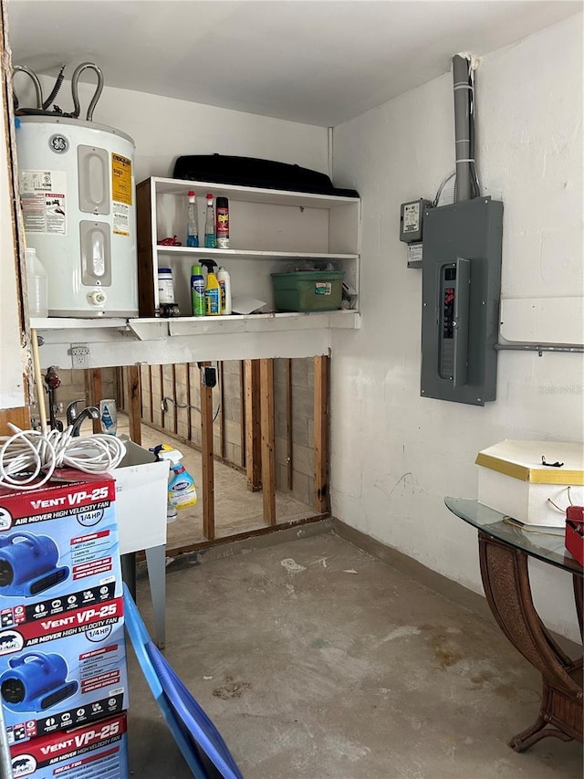 interior space with electric panel and water heater