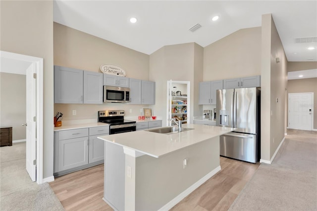 kitchen featuring gray cabinets, appliances with stainless steel finishes, high vaulted ceiling, sink, and a kitchen island with sink