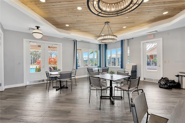 dining space with wood ceiling, a tray ceiling, dark hardwood / wood-style flooring, and french doors