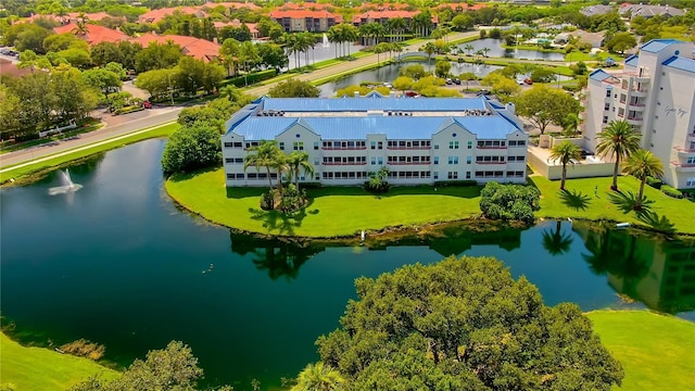 drone / aerial view featuring a water view