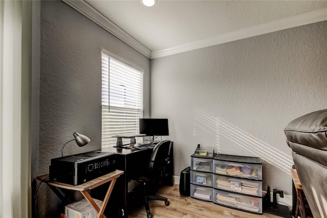 office area featuring crown molding and light wood-type flooring