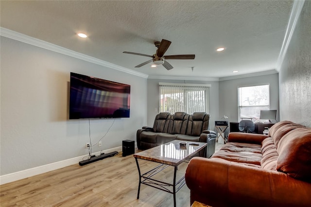 living room with ceiling fan, light hardwood / wood-style flooring, ornamental molding, and a textured ceiling