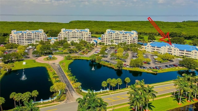 drone / aerial view featuring a water view