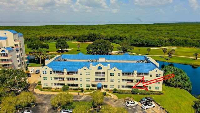 drone / aerial view featuring a water view