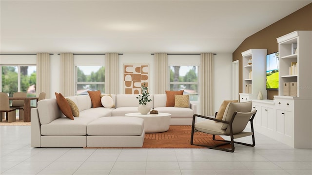 living room with light tile patterned flooring, lofted ceiling, and plenty of natural light