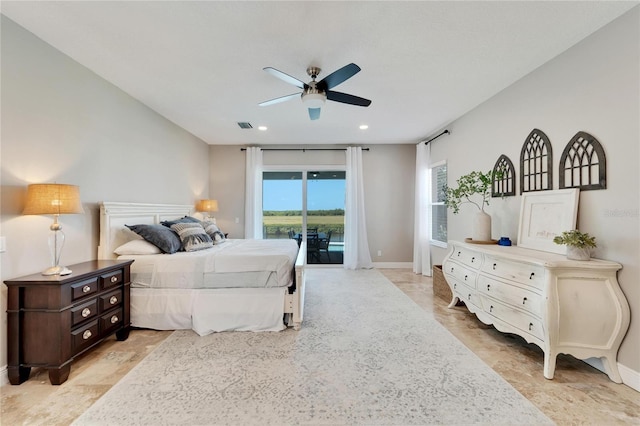 bedroom featuring access to outside and ceiling fan