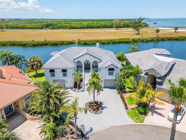 aerial view featuring a water view