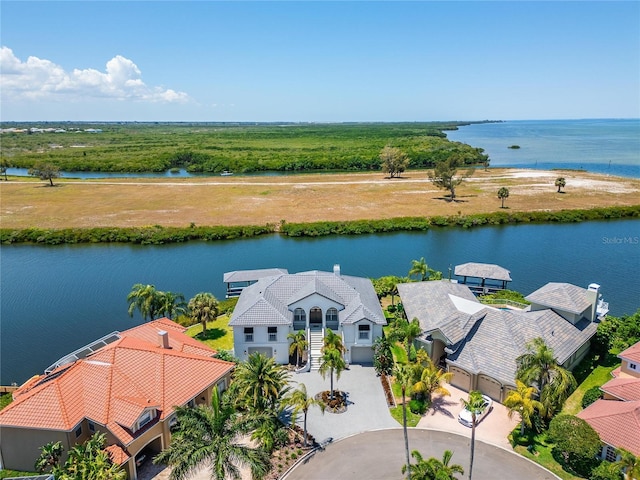 bird's eye view with a water view