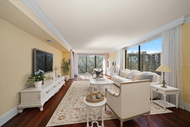 living room with dark hardwood / wood-style flooring, ornamental molding, floor to ceiling windows, and a textured ceiling