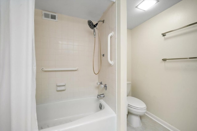 bathroom with shower / tub combo with curtain, toilet, and tile patterned flooring