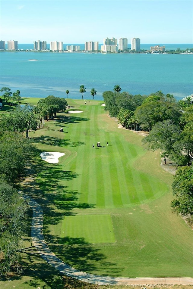 view of community with a water view