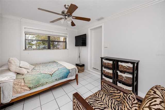 tiled bedroom featuring crown molding and ceiling fan