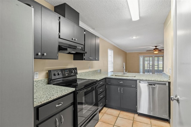 kitchen featuring sink, a textured ceiling, black range with electric cooktop, stainless steel dishwasher, and kitchen peninsula