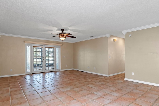 tiled empty room featuring a textured ceiling, ornamental molding, french doors, and ceiling fan