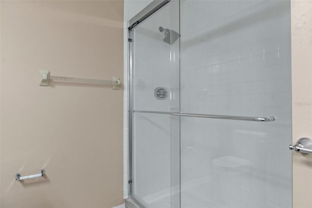 bathroom with a shower with shower door