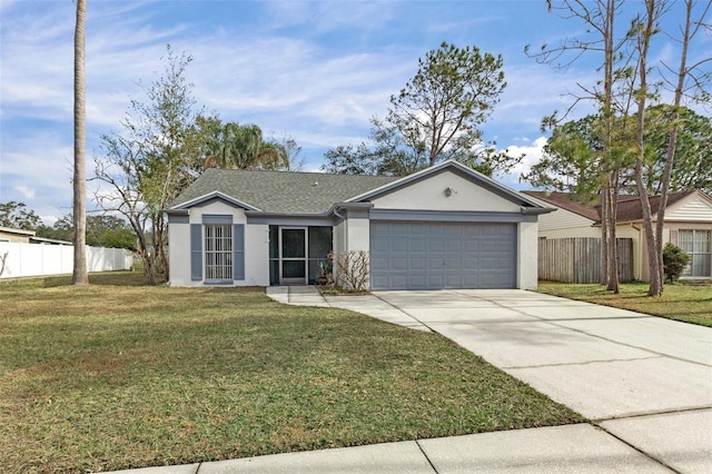 single story home with a garage and a front yard