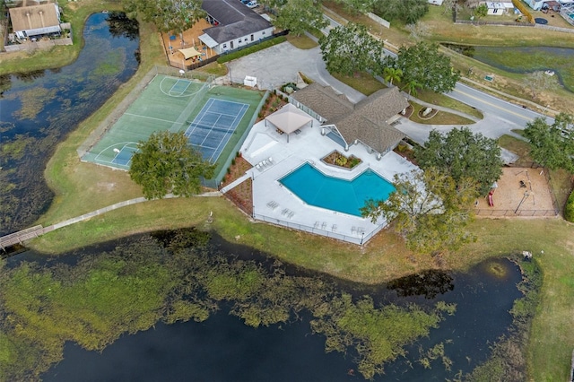 drone / aerial view featuring a water view