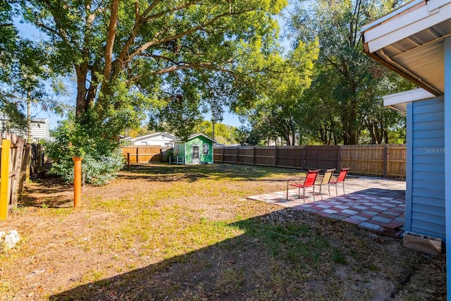 view of yard with a shed and a patio area