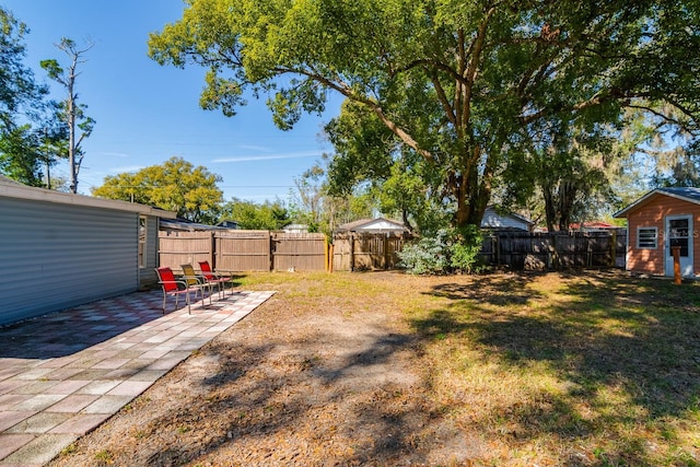 view of yard with a shed and a patio area