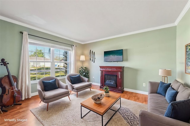 living room with ornamental molding and light hardwood / wood-style flooring