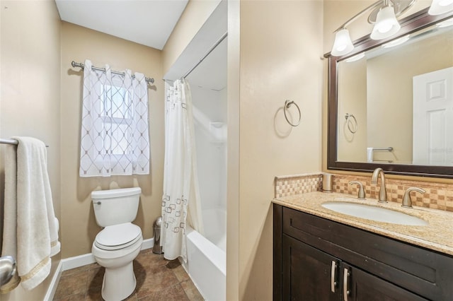 full bathroom with shower / bath combination with curtain, vanity, toilet, and decorative backsplash