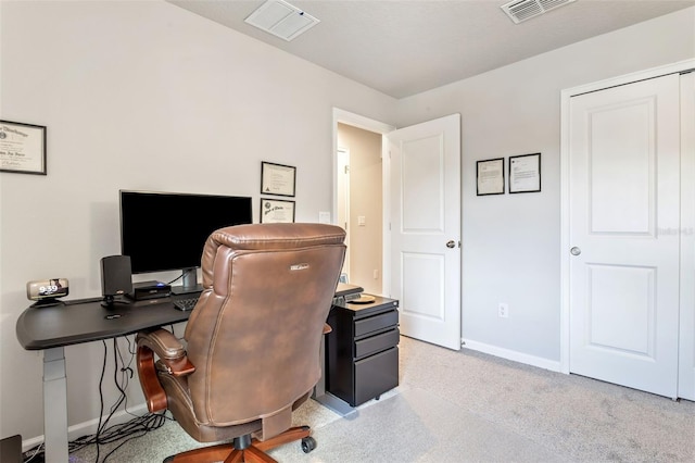 home office featuring light carpet