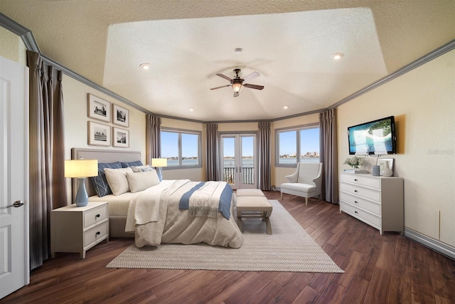 bedroom featuring dark wood-type flooring, ceiling fan, access to exterior, ornamental molding, and a textured ceiling