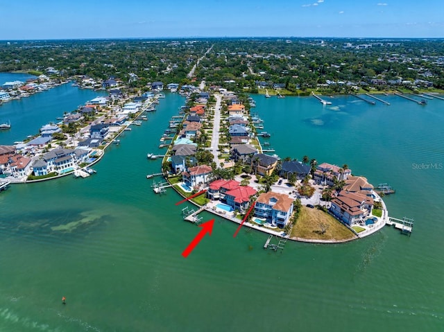 bird's eye view with a water view