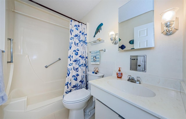 bathroom with vanity, curtained shower, toilet, and a textured ceiling