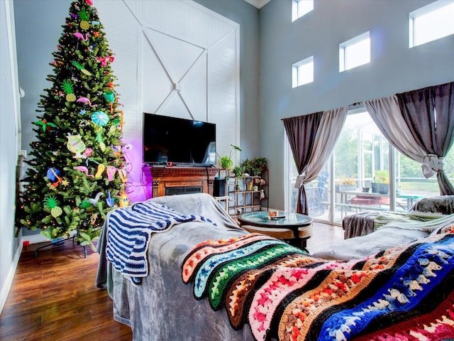 living room with dark hardwood / wood-style floors and a high ceiling