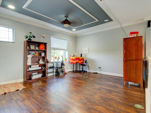 miscellaneous room with dark hardwood / wood-style flooring, ornamental molding, a raised ceiling, and ceiling fan