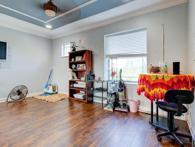 misc room featuring crown molding, dark hardwood / wood-style floors, and a wealth of natural light