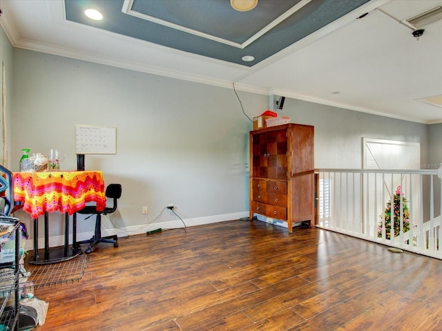 interior space with dark hardwood / wood-style flooring and crown molding