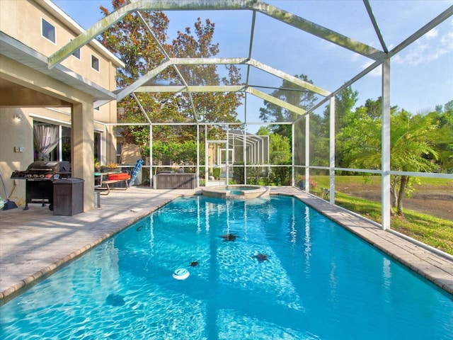 view of swimming pool featuring an in ground hot tub, a grill, a patio area, and glass enclosure