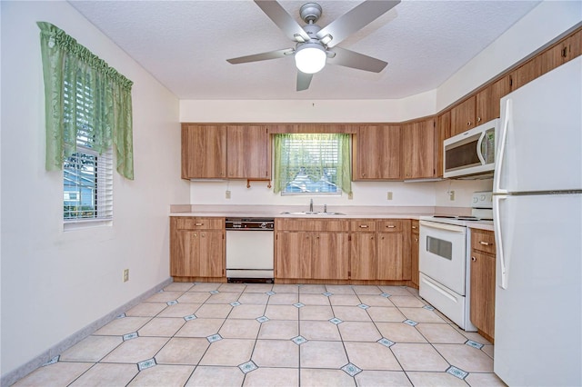 kitchen with plenty of natural light, sink, a textured ceiling, and white appliances