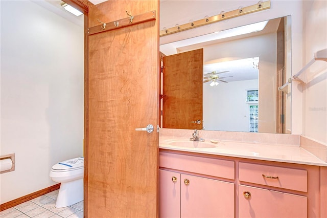 bathroom featuring ceiling fan, tile patterned floors, toilet, and vanity