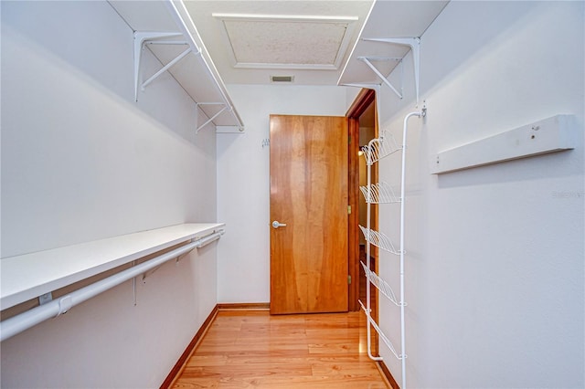 walk in closet with light hardwood / wood-style flooring