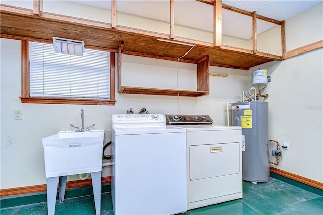 laundry area featuring electric water heater and washer and clothes dryer