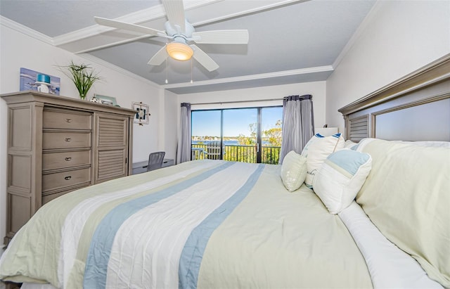 bedroom featuring crown molding, access to outside, and ceiling fan