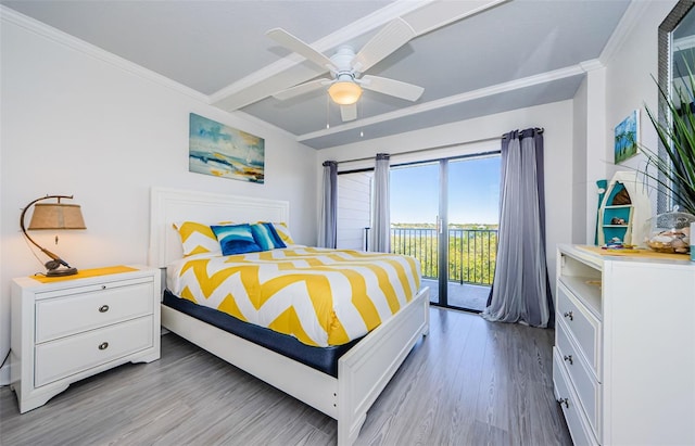 bedroom featuring wood-type flooring, access to outside, ceiling fan, and crown molding