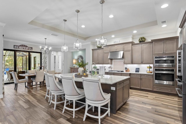 kitchen with appliances with stainless steel finishes, light stone counters, a tray ceiling, an island with sink, and decorative light fixtures