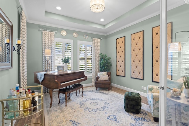 living area featuring a raised ceiling, crown molding, and hardwood / wood-style floors