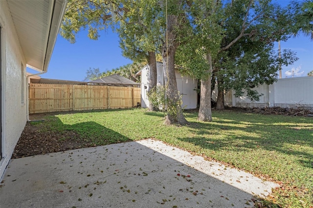 view of yard featuring a storage shed and a patio area