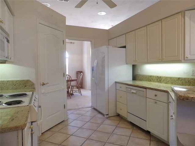 kitchen with white cabinetry, light tile patterned floors, ceiling fan, and white appliances