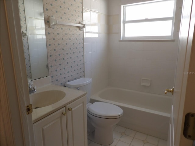 full bathroom with vanity, tile patterned flooring, bathtub / shower combination, and toilet