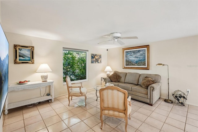 living room with light tile patterned floors and ceiling fan