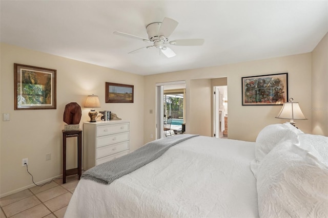 bedroom featuring light tile patterned flooring, ceiling fan, and access to exterior