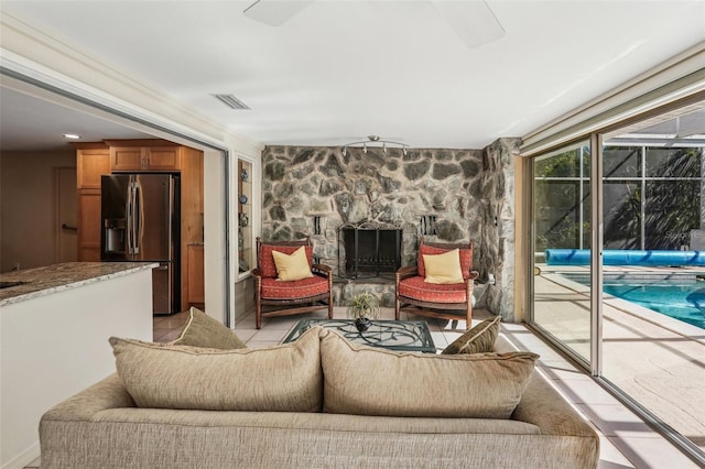 living room with a fireplace