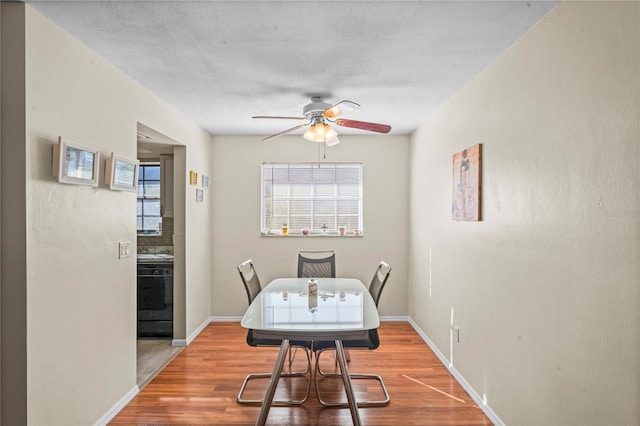 dining space with ceiling fan and wood-type flooring